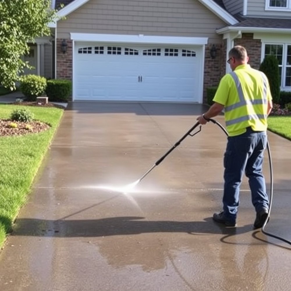 Freshly cleaned residential driveway with removed tire marks before family gathering weekend